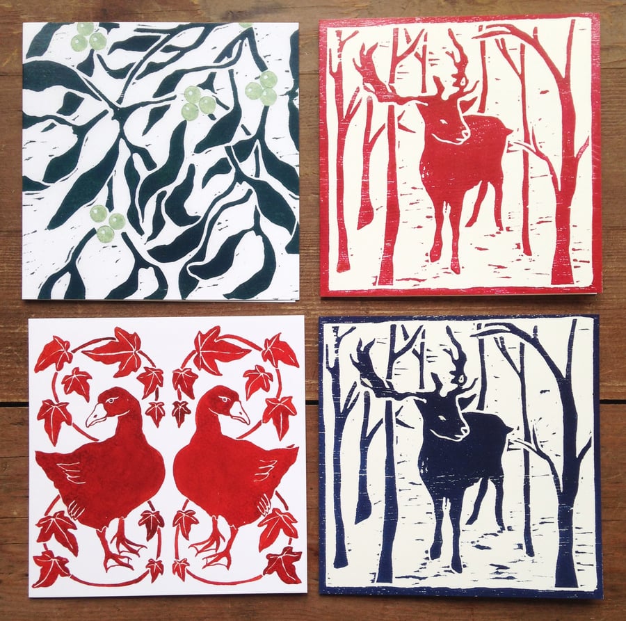 Christmas card pack, mixed set of 4 Christmas cards watercolour, woodblock print