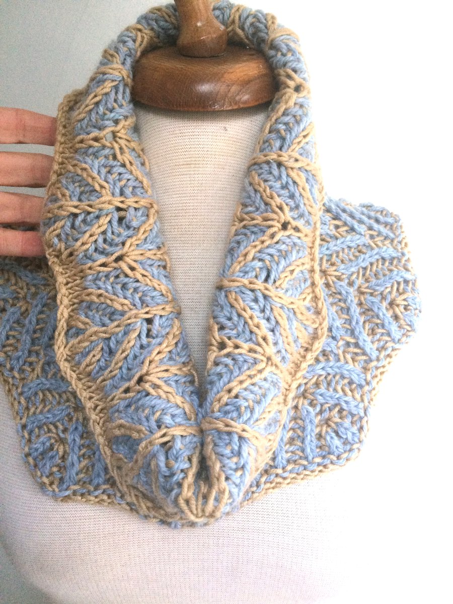 Blue Taupe Hand knit cowl