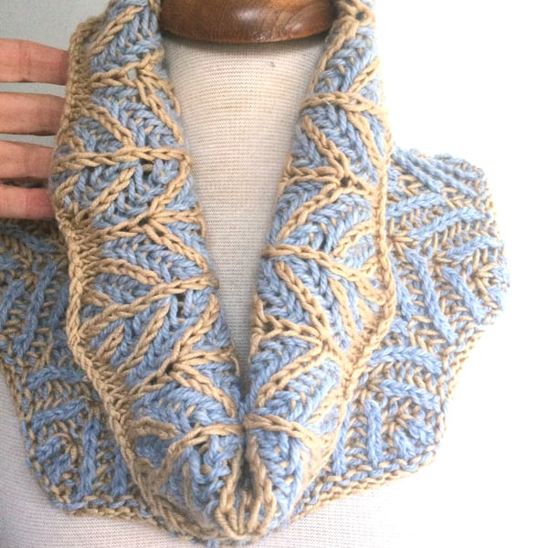 Blue Taupe Hand knit cowl