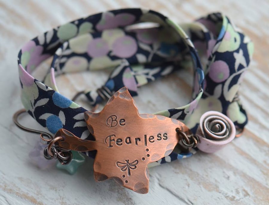 Handmade Wrap Bracelet with Copper Leaf, Polymer Rose & Liberty Fabric Ribbon
