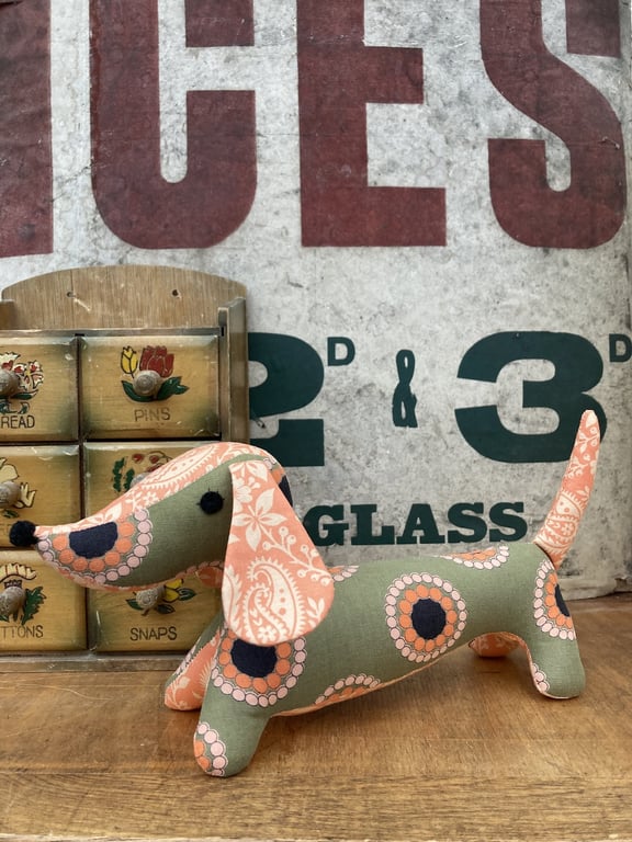 Snossage The Vintage Fabric Sausage Dog.   (Green and orange)