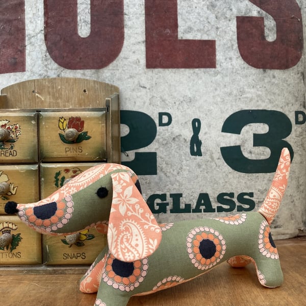 Snossage The Vintage Fabric Sausage Dog.   (Green and orange)