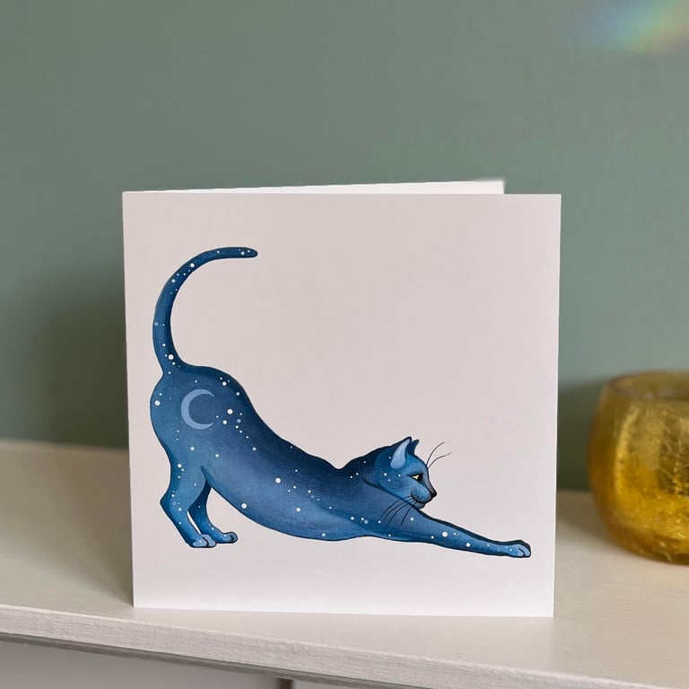Cat greeting card - Lunar Cat art card, stretching cat