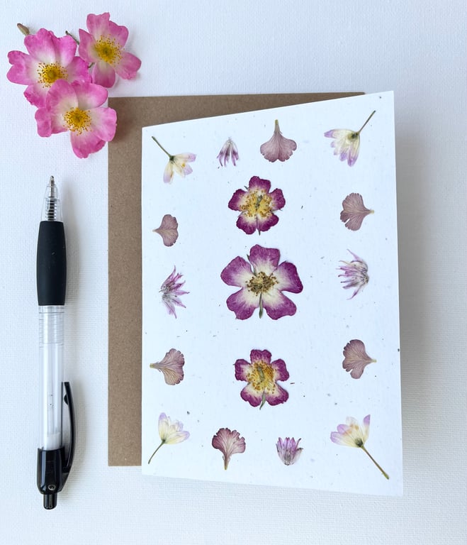 Handmade Real Pressed Roses Greeting Card, Birthday, Wedding, Anniversary 