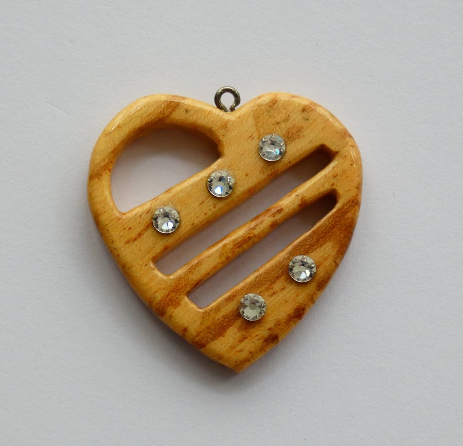 Unique Wooden Spalted Elm Heart Pendant Necklace with Crystals