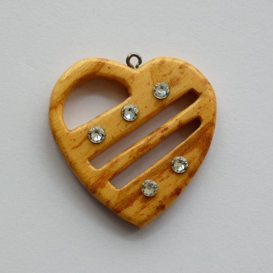 Unique Wooden Spalted Elm Heart Pendant Necklace with Crystals