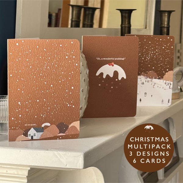 Christmas Card multipack 3 designs 6 cards pudding snowing house sledging