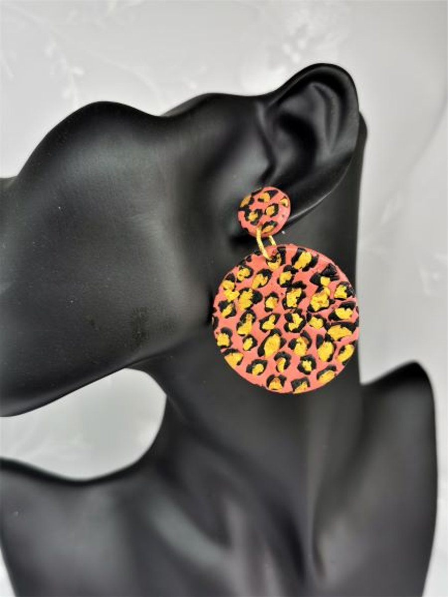 Large, Round Leopard Print Earrings. Handmade, Polymer Clay