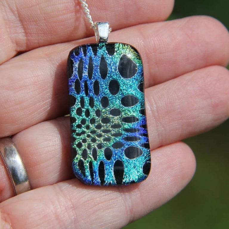 Blue Gold Dichroic Glass Pendant with Black Spots F3
