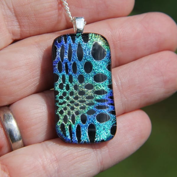Blue Gold Dichroic Glass Pendant with Black Spots F3