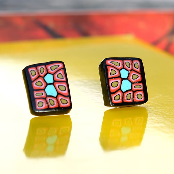 Modern Style Cubist Pattern Ear Studs - Polymer Clay - Silver - Handmade