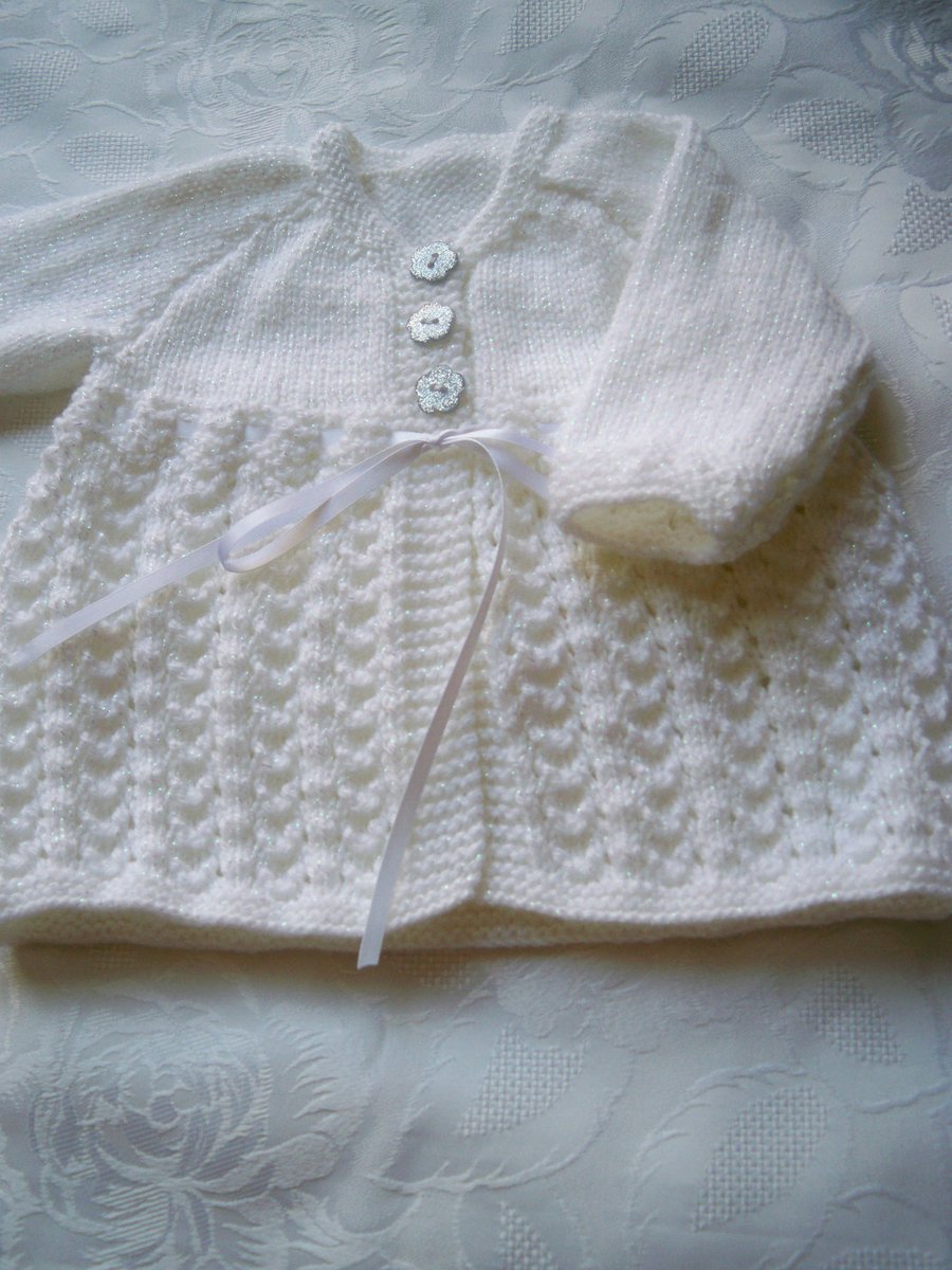 Hand Knitted Baby White Twinkle Wool Matinee Cardigan 0-3 MTHS 'NEW' 