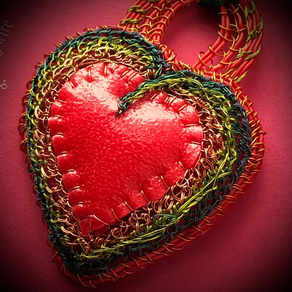 Large red rubber and wire heart pendant from recycled materials