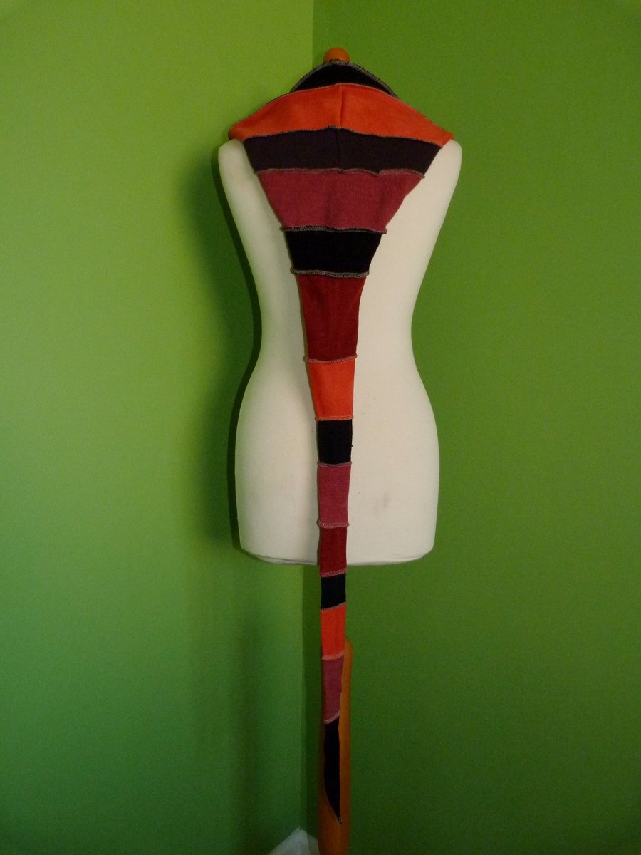 Long Hood with Neck Ties. Upcycled. Orange and Black. Faerie Festival Wear.