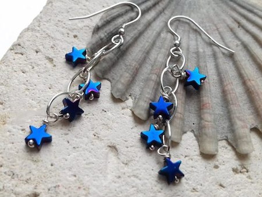 Dark Blue Hematite Star Waterfall Earrings