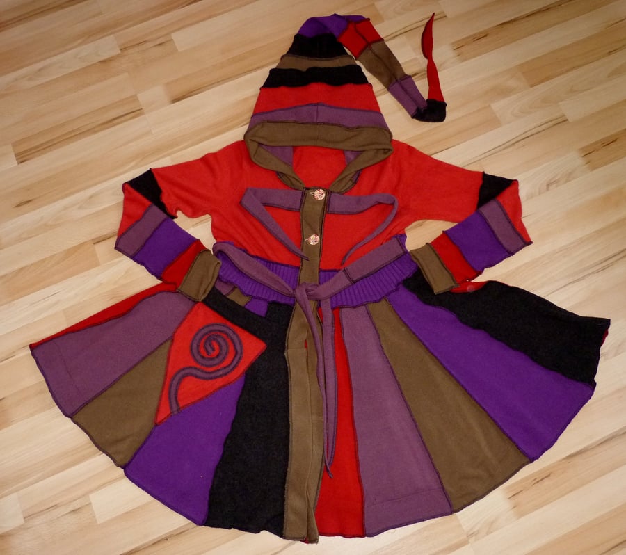 Upcycled Sweater Coat in Red Purple and Brown with Hood, Waist Ties and Pocket