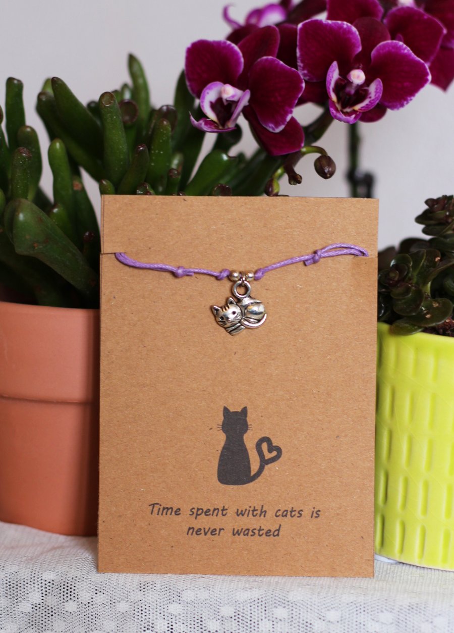 Handmade adjustable cotton cord bracelet with Tibetan silver cat charm