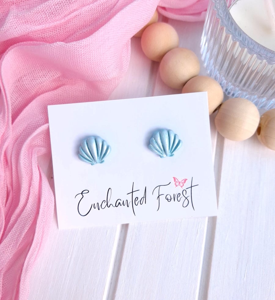 Light Blue Seashell Stud Earrings, Coastal Jewellery, Accessories & Gifts