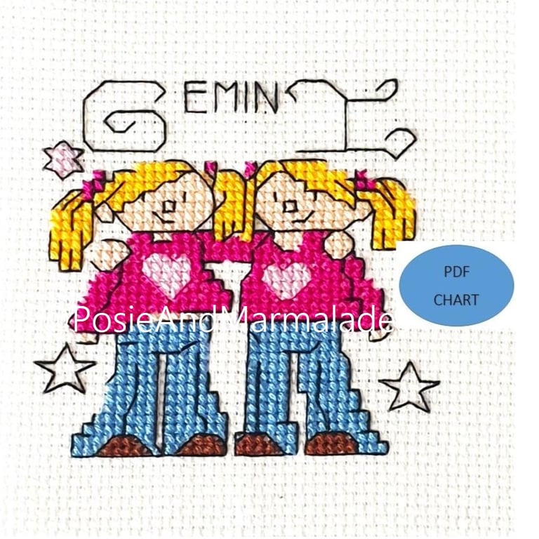 Gemini star sign zodiac theme small cross stitch digital Download PDF chart