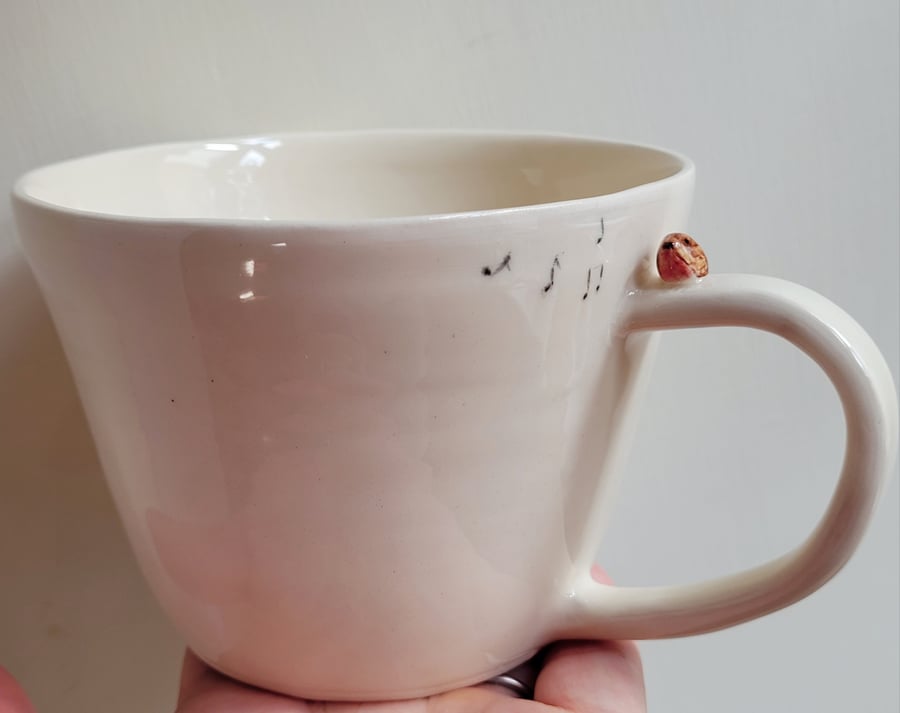 Handmade Ceramic Robin Cup with Birdprints and Musical Notes Made TO ORDER