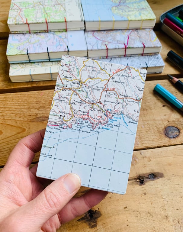 A7 Pocket Sketchbook with Recycled Map Covers and Mixed-Media Pages. Cornwall.