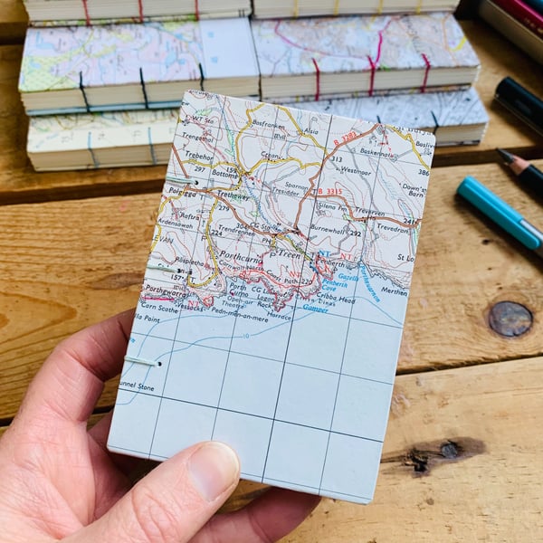 A7 Pocket Sketchbook with Recycled Map Covers and Mixed-Media Pages. Cornwall.