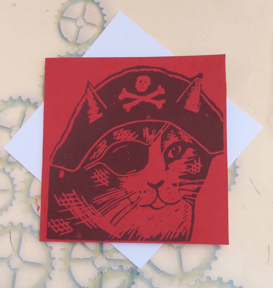 Pirate Cat Art Greeting Card From Original Lino Cut Print Red