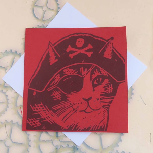 Pirate Cat Art Greeting Card From Original Lino Cut Print Red