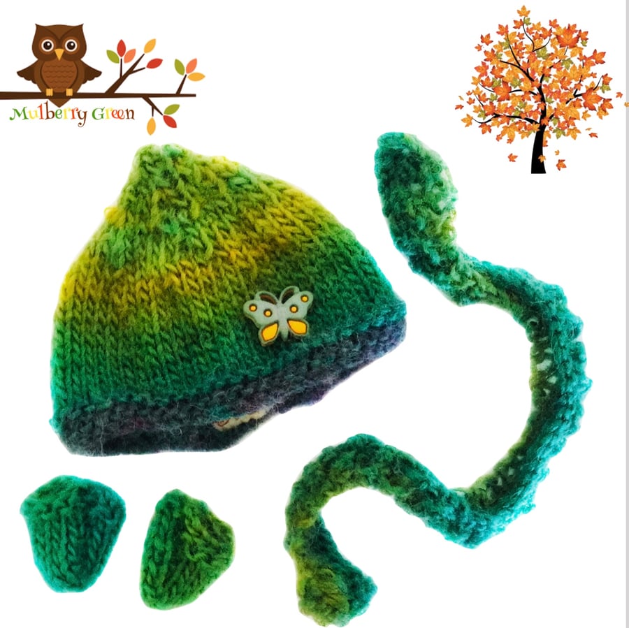 Green and Gold Shaded Hat, Scarf and Mittens Set