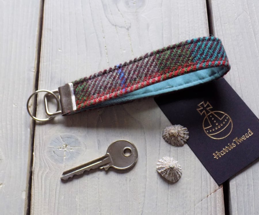 Harris Tweed key fob wrist strap in turquoise, burgundy, rust and green tartan