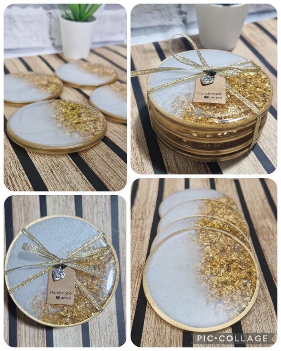4 Gold and Pearl white resin coasters