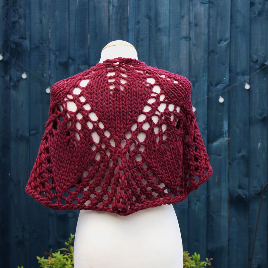 Chunky hand knit lace shawl in garnet 100% wool - design SB168