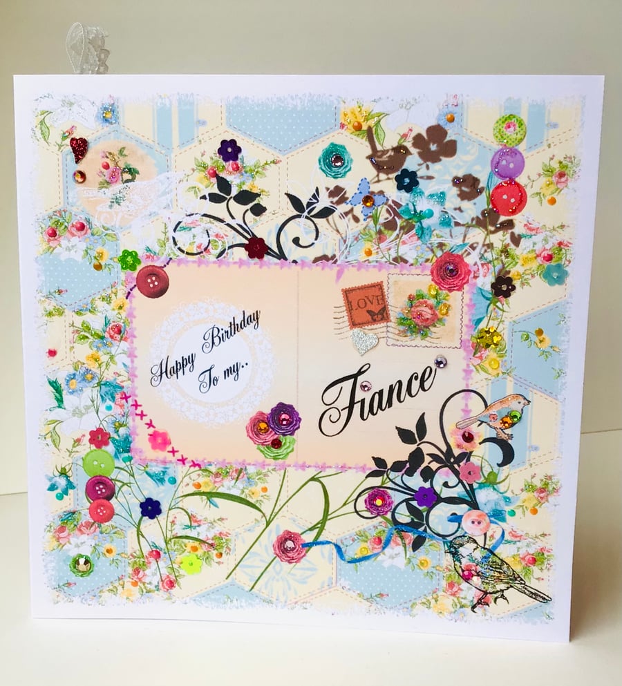 Birthday Card fiancé,Printed Patchwork Design,Handfinished, Can Be Personalised 