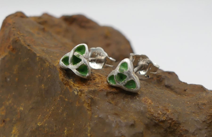 Sterling Silver Triquetra Stud Earrings with Green Patina.