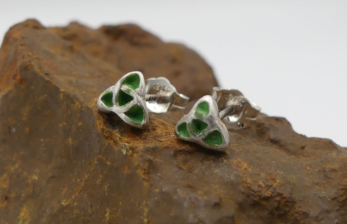 Sterling Silver Triquetra Stud Earrings with Green Patina.