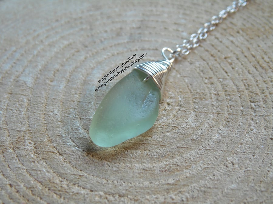 Pale Green Cornish Sea Glass Necklace, Sterling Silver N589