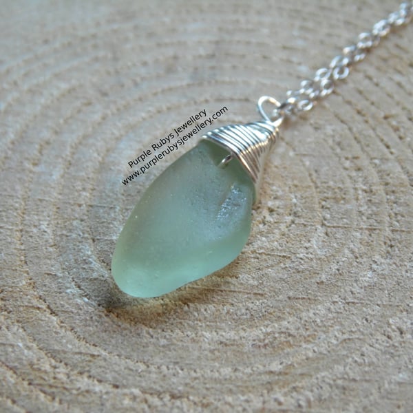 Pale Green Cornish Sea Glass Necklace, Sterling Silver N589