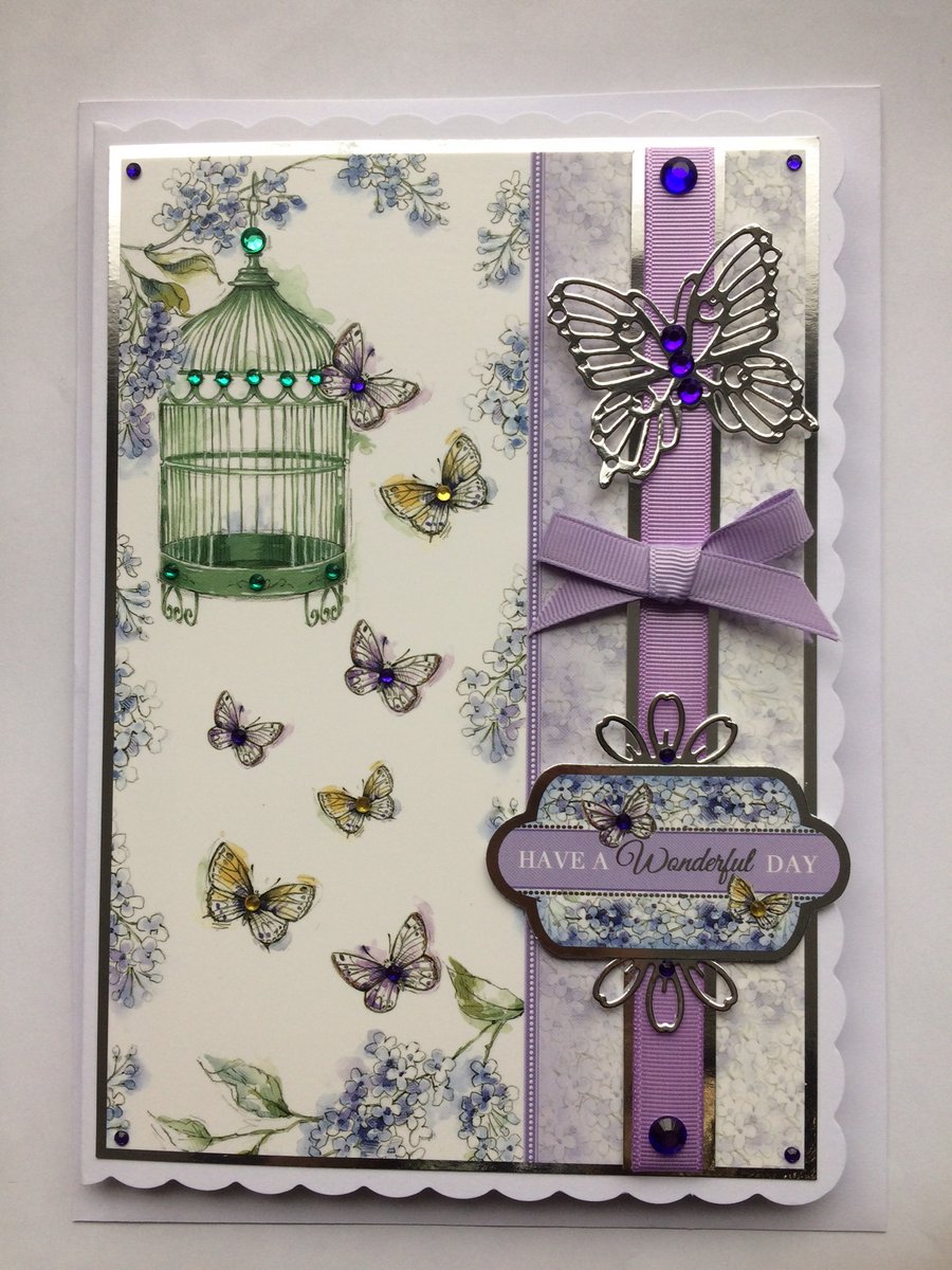 Birthday Card Have A Wonderful Day Vintage Birdcage Silver Butterfly