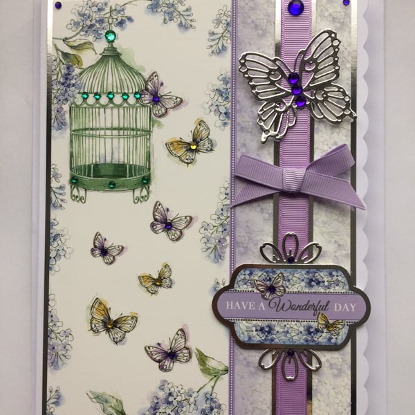 Birthday Card Have A Wonderful Day Vintage Birdcage Silver Butterfly