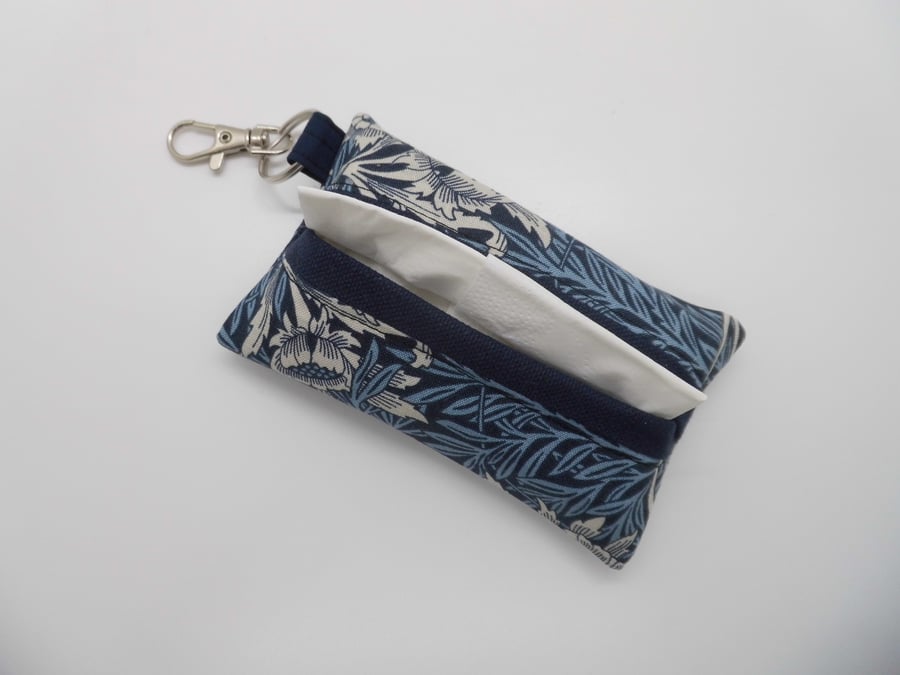 Key ring tissue tidy for tissues or face mask in William Morris fabric.