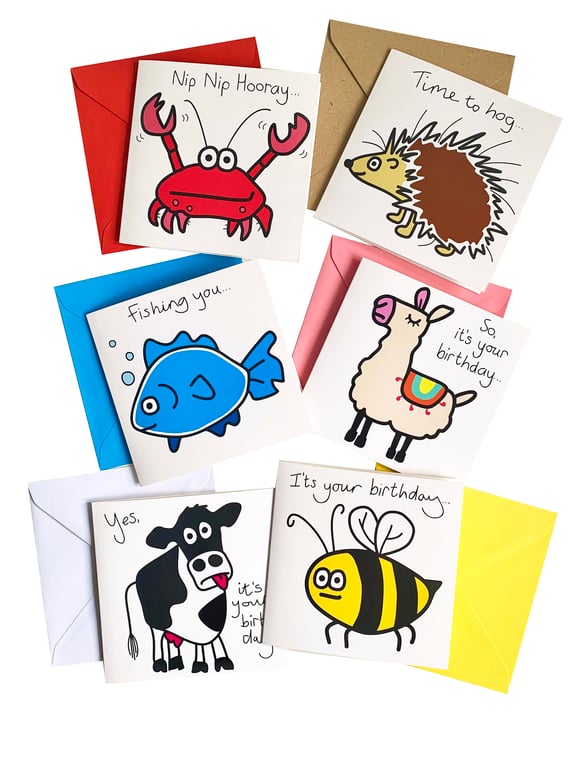 Digg Design 6pk of sweet animal design birthday cards. Coloured envelopes