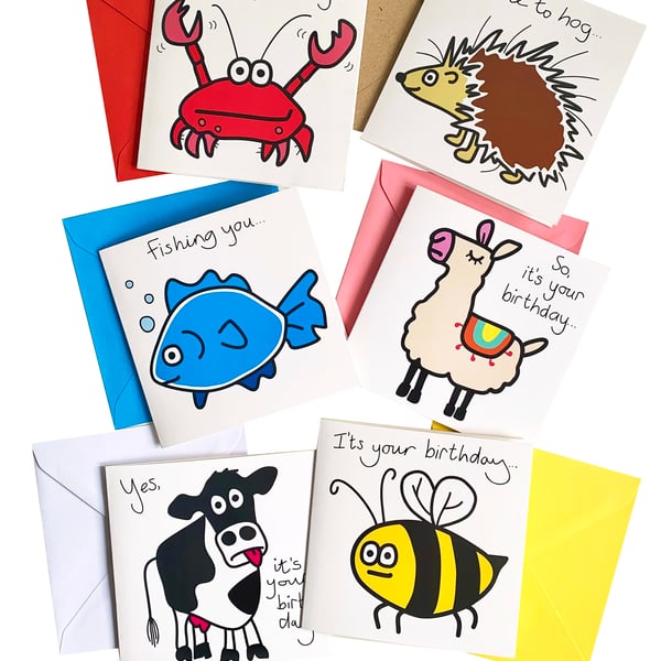 Digg Design 6pk of sweet animal design birthday cards. Coloured envelopes
