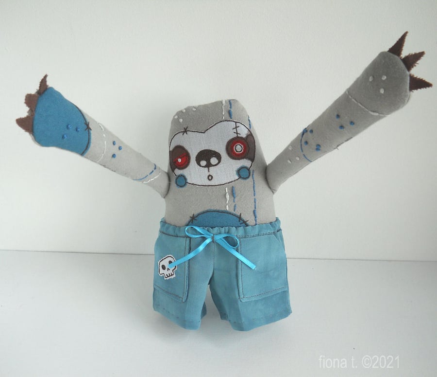 freemotion & hand embroidery miniature zombie sloth in silk pyjamas - dark blue
