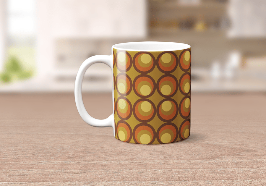 Brown Retro 70's Circles Design Mug, Tea Coffee Cup