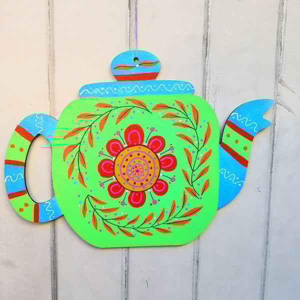 Hand painted wooden hanging teapot decoration flower folk art wall art
