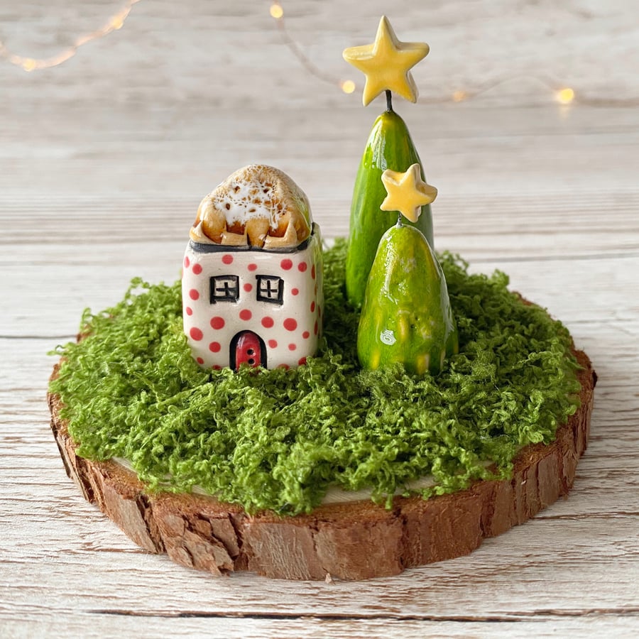 Handmade Ceramic Red Spotty House Scene with Two Star-Topped Trees