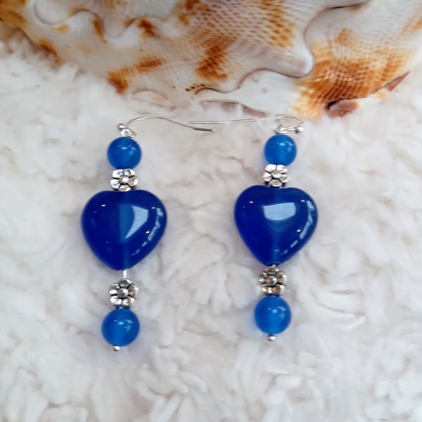 Beautiful blue SAPPHIRE HEART with round SAPPHIRE beaded EARRINGS