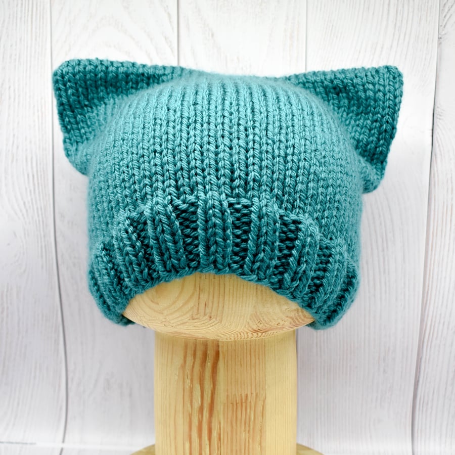 Hand Knitted kitty hat in teal green - Medium