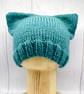 Hand Knitted kitty hat in teal green - Medium - Image 1