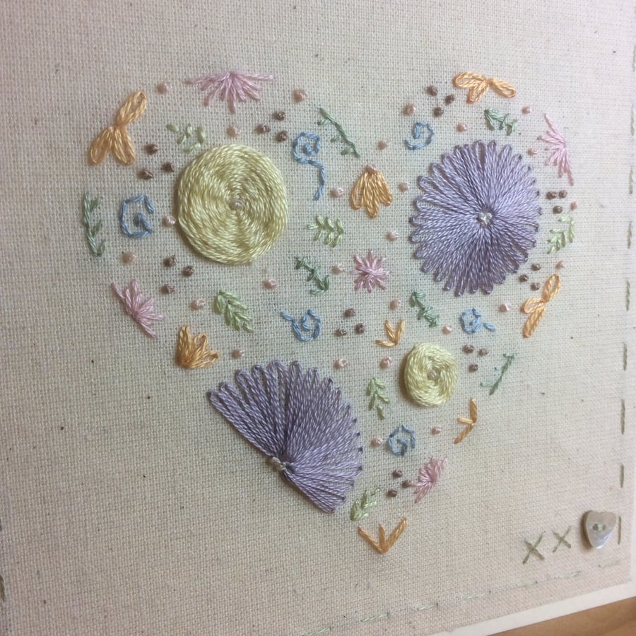 Floral heart in pastels hand embroidered card